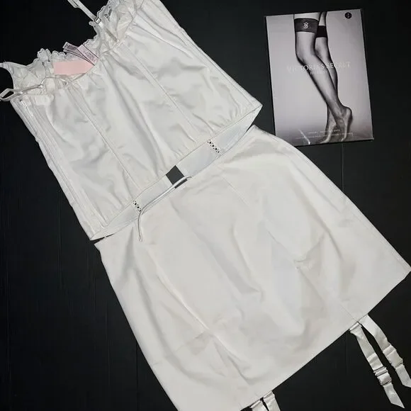 Victoria's Secret 34C 34D 36B M CORSET TOP+GARTER SKIRT CANVAS lace up WHITE